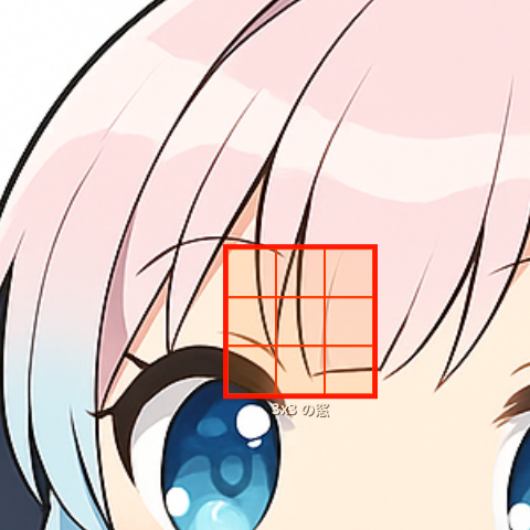 アカツキちゃん画像の髪の輪郭付近に赤い3×3の観察枠を重ねた図